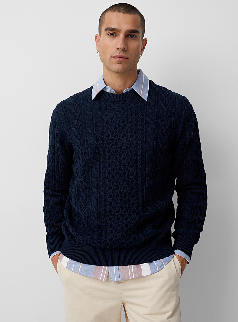 Le 31 Marine Blue Twisted-cable heritage sweater for men