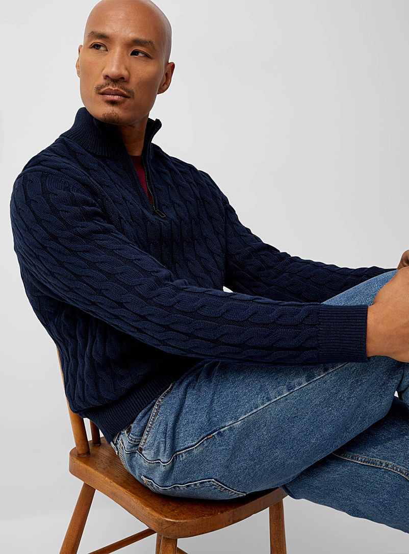 Le 31 Marine Blue Twisted-cable zipped-collar sweater for men