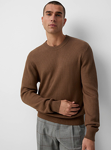Le 31 Light Brown Soft embossed ribbed sweater for men