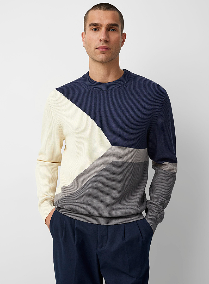 Le 31 Patterned Blue Asymmetric block ribbed sweater for men