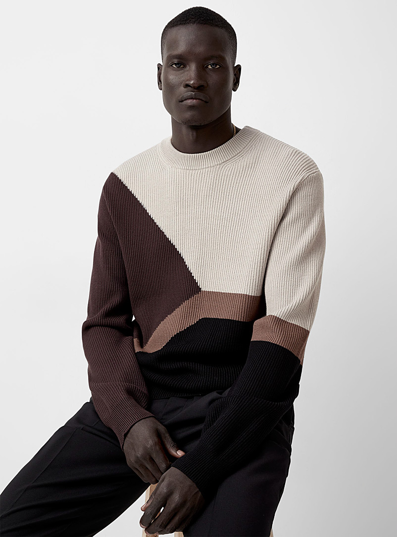 Le 31 Patterned Black Asymmetric block ribbed sweater for men