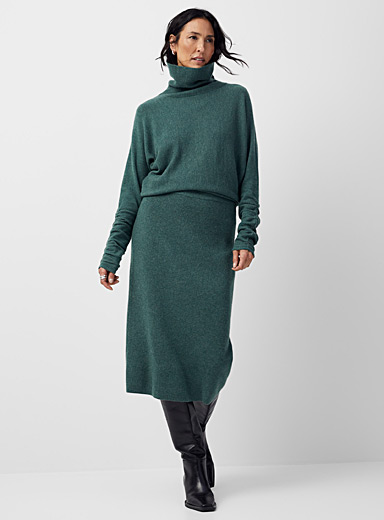 Contemporaine Mossy Green Merino turtleneck dress for women