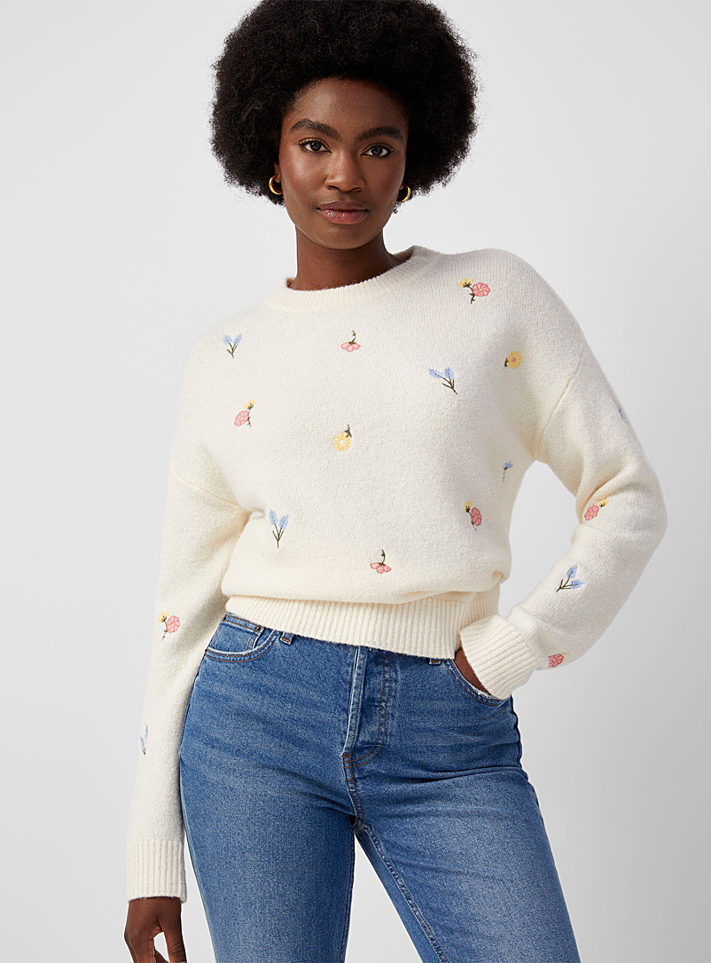 Contemporaine Cream Beige Pastel flowers brushed sweater for women