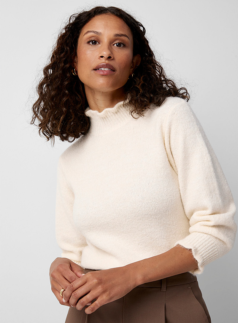 Contemporaine Ivory White Ruffled edging mock-neck sweater for women