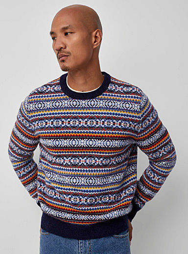 Le 31 Patterned Blue Boreal jacquard sweater Recycled lambswool for men