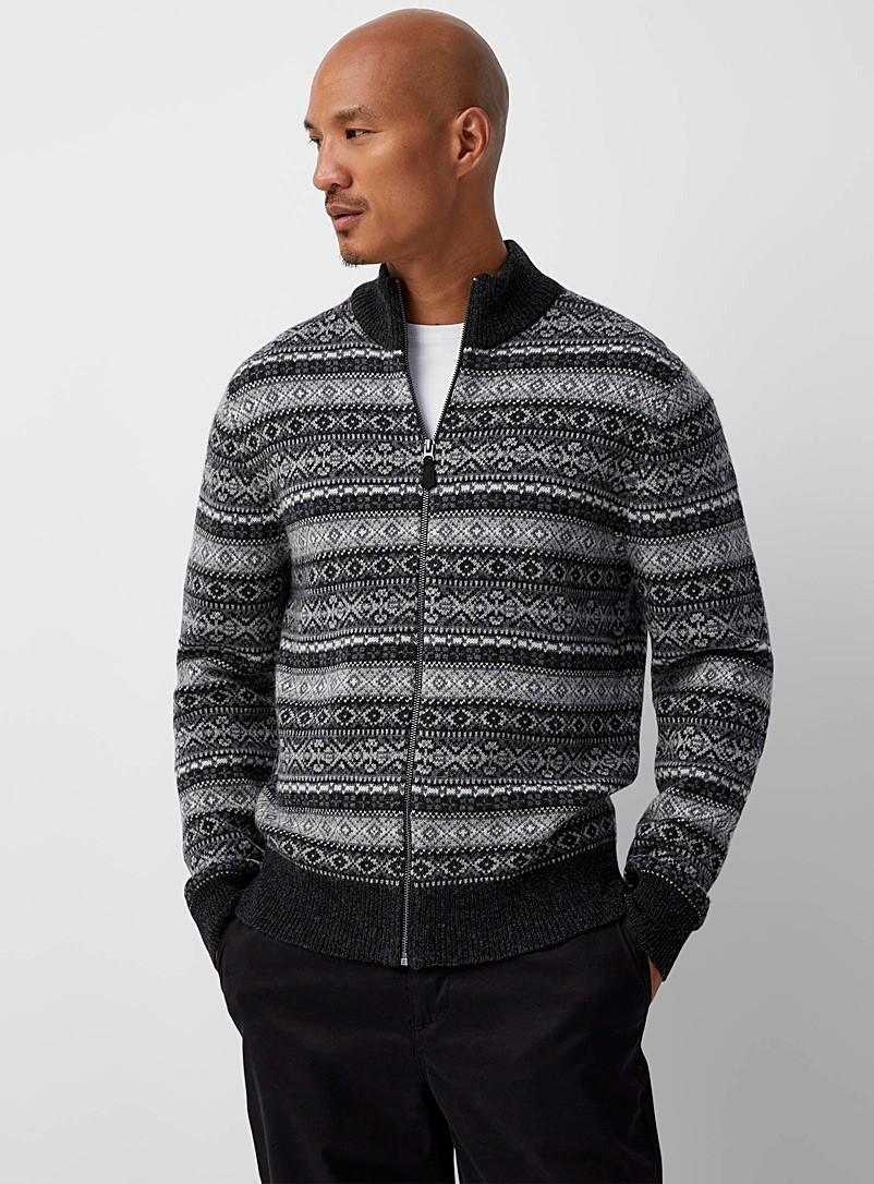Le 31 Patterned Grey Boreal jacquard knit jacket Recycled lambswool for men