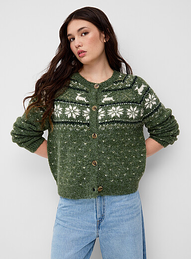 Twik: Le cardigan motif hivernal Vert assorti pour femme