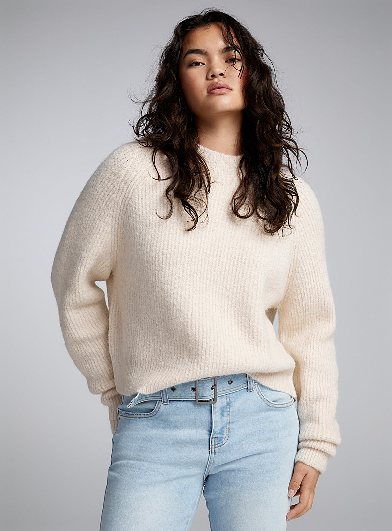 Twik Ivory White Ribbed mock-neck sweater for women