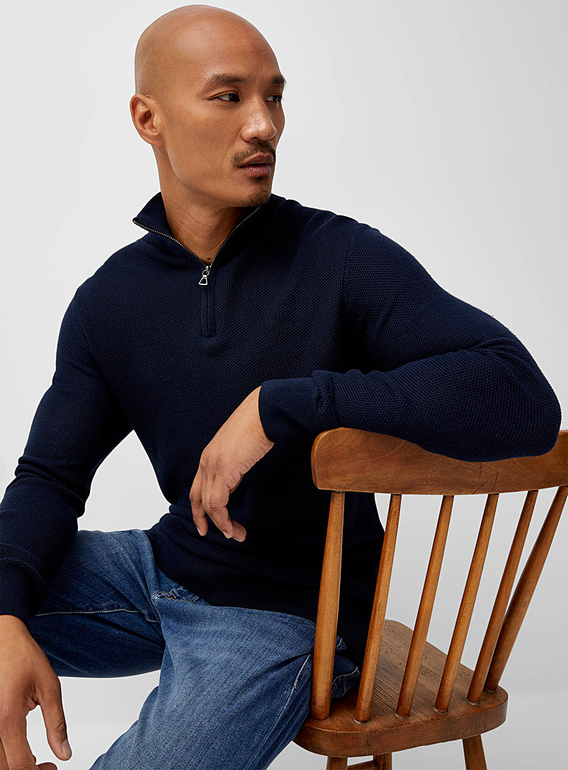 Le 31 Marine Blue Honeycomb knit mock-neck sweater for men