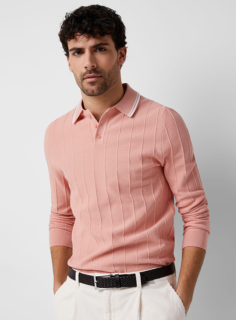 Le 31 Pink Embossed stripe knit polo for men