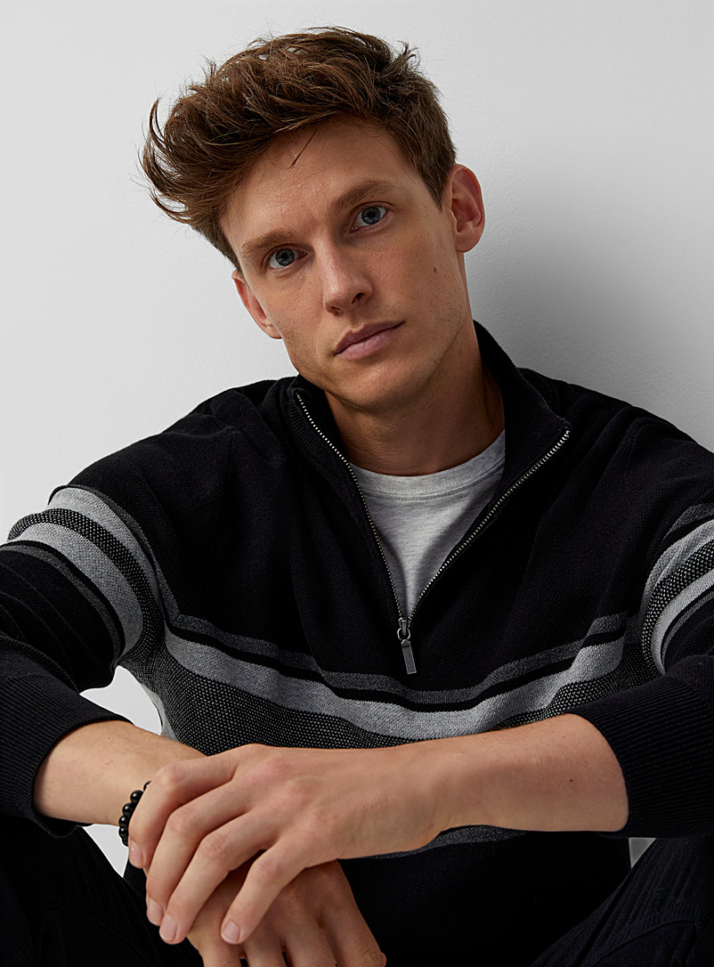 Le 31 Patterned Black Block stripe zipped-collar sweater for men