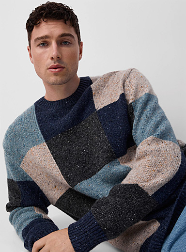 Le 31 Patterned Blue Patchwork flecked sweater for men