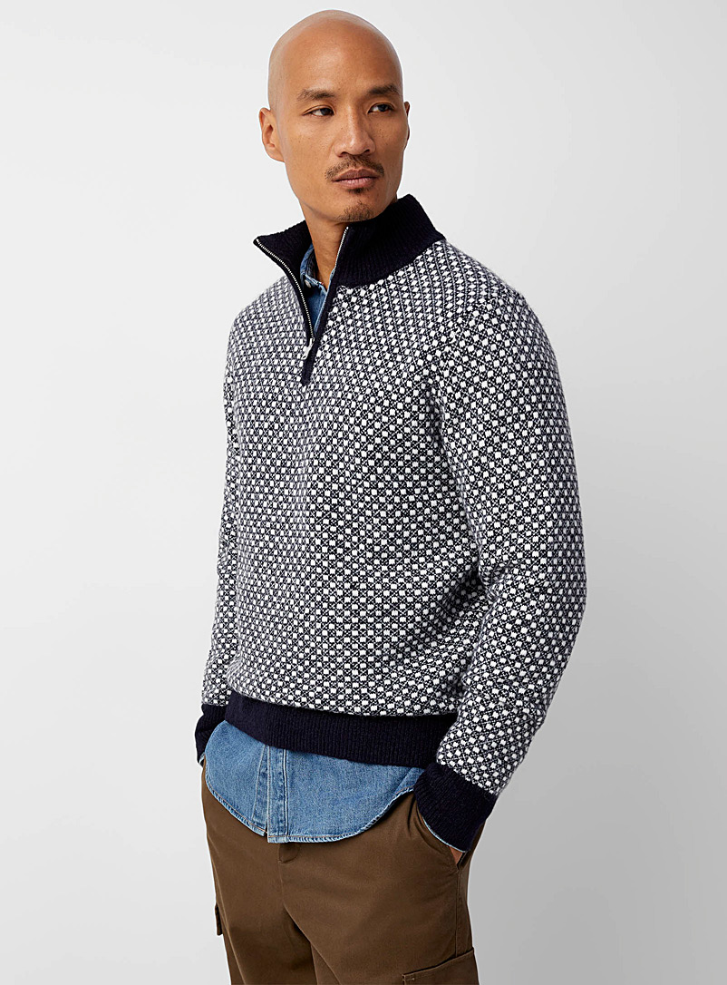 Le 31 Patterned Blue Zipped-collar jacquard sweater for men