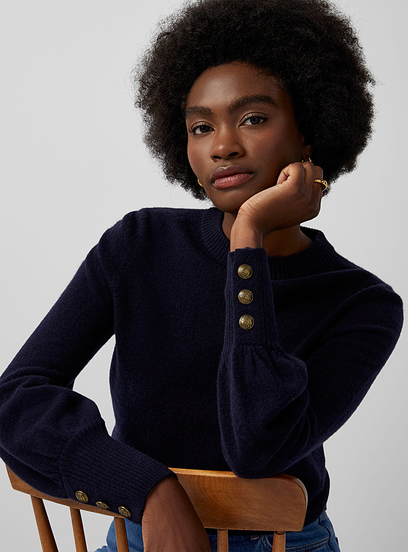 Contemporaine Marine Blue Responsible wool button cuff sweater for women