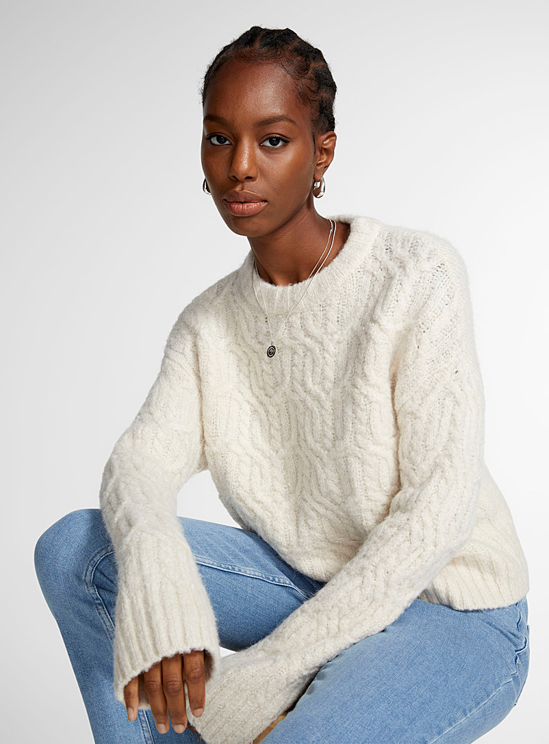 Icône: Le chandail tricot câbles touche de laine Ivoire blanc os pour femme