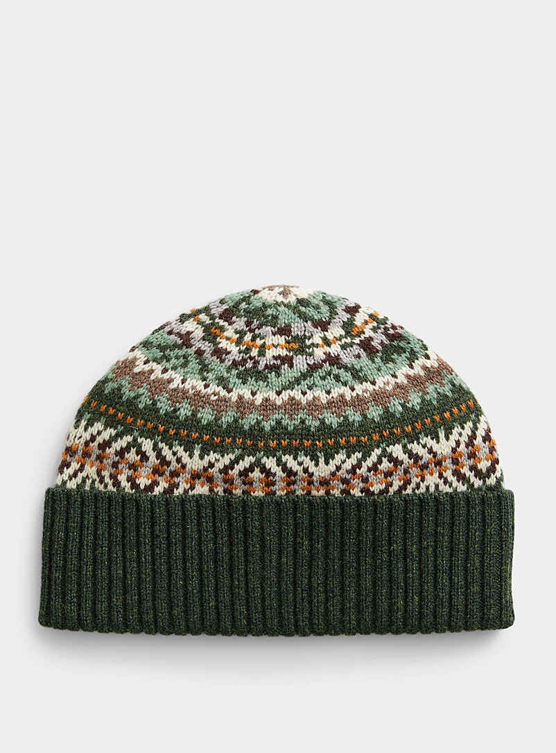 Le 31 Patterned Green Fair Isle lambswool tuque for men
