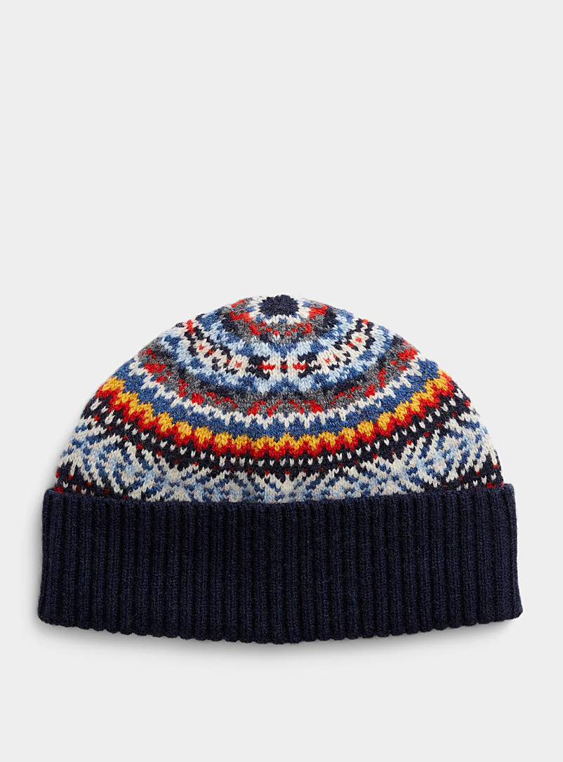 Le 31 Patterned Blue Fair Isle lambswool tuque for men