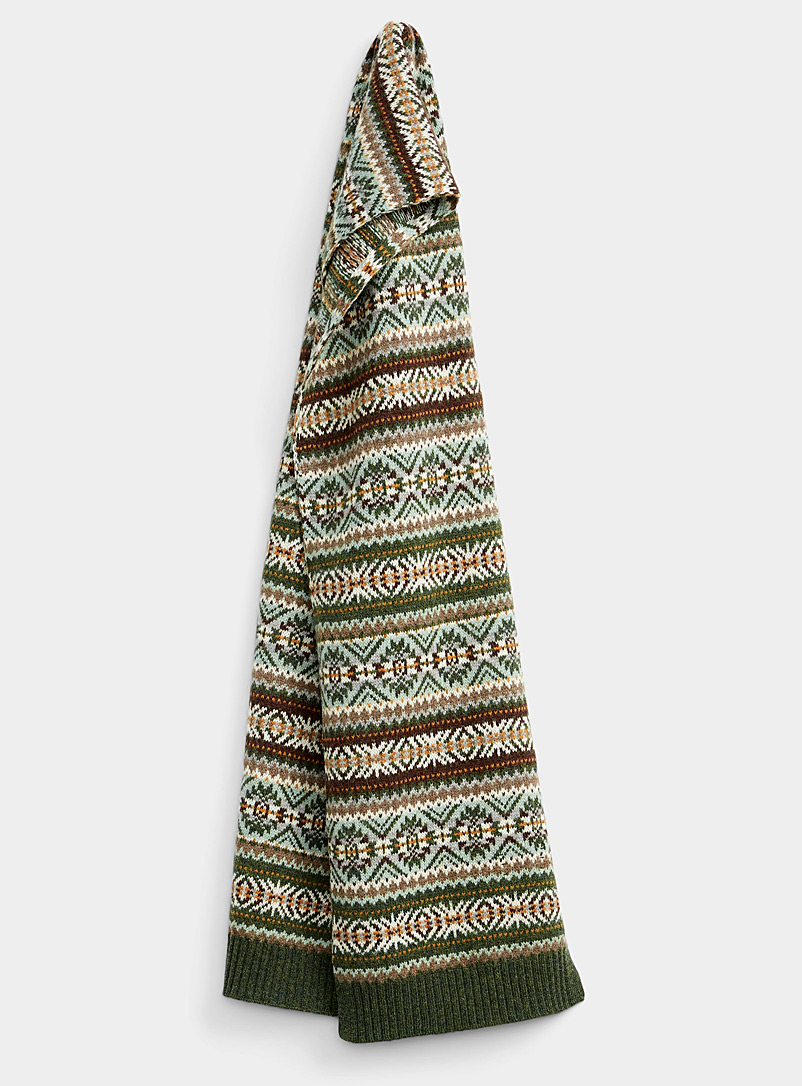 Le 31 Patterned Green Fair Isle reprocessed lambswool scarf for men
