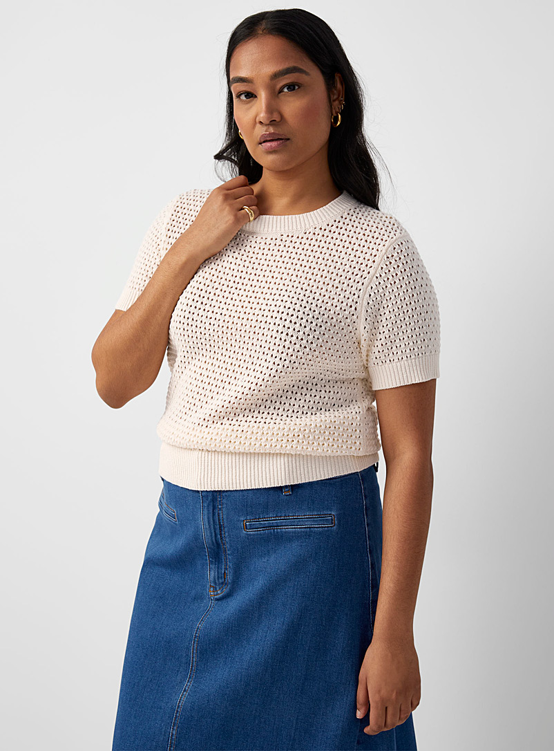 Contemporaine Ivory/Cream Beige Openwork short-sleeve sweater for women