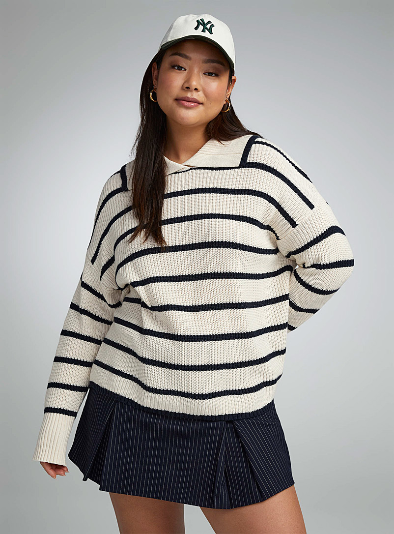 Twik Patterned White Oversized and striped collared sweater for women