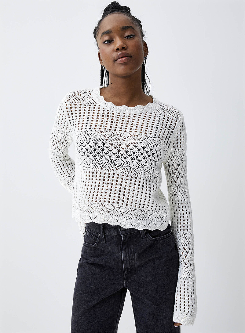 Twik Ivory/Cream Beige Bell-sleeve crocheted sweater for women