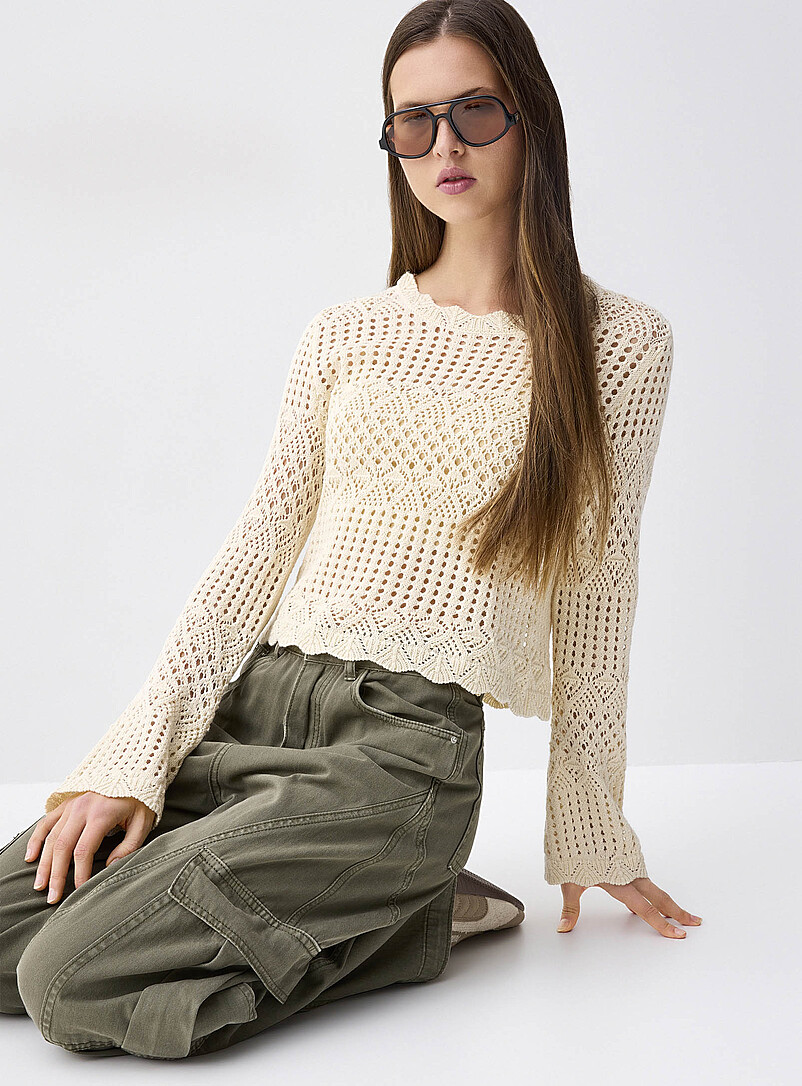 Twik Ivory/Cream Beige Bell-sleeve crocheted sweater for women