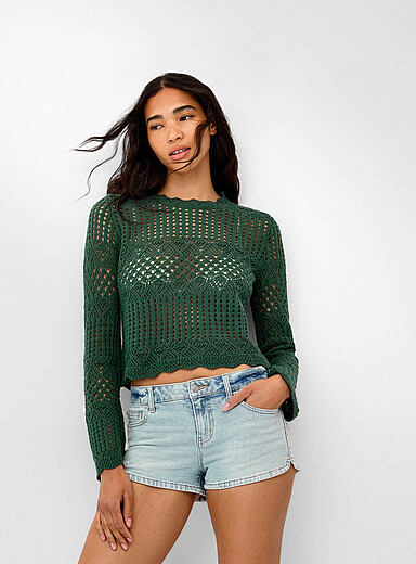 Bell-sleeve crocheted sweater