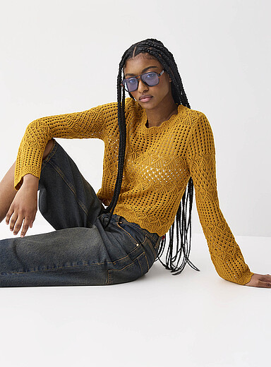Bell-sleeve crocheted sweater