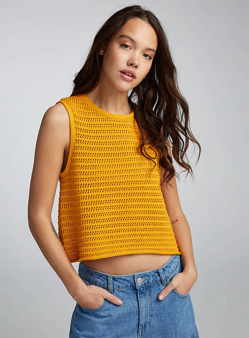 Twik Dark Yellow Ladder stitch knit sweater vest for women
