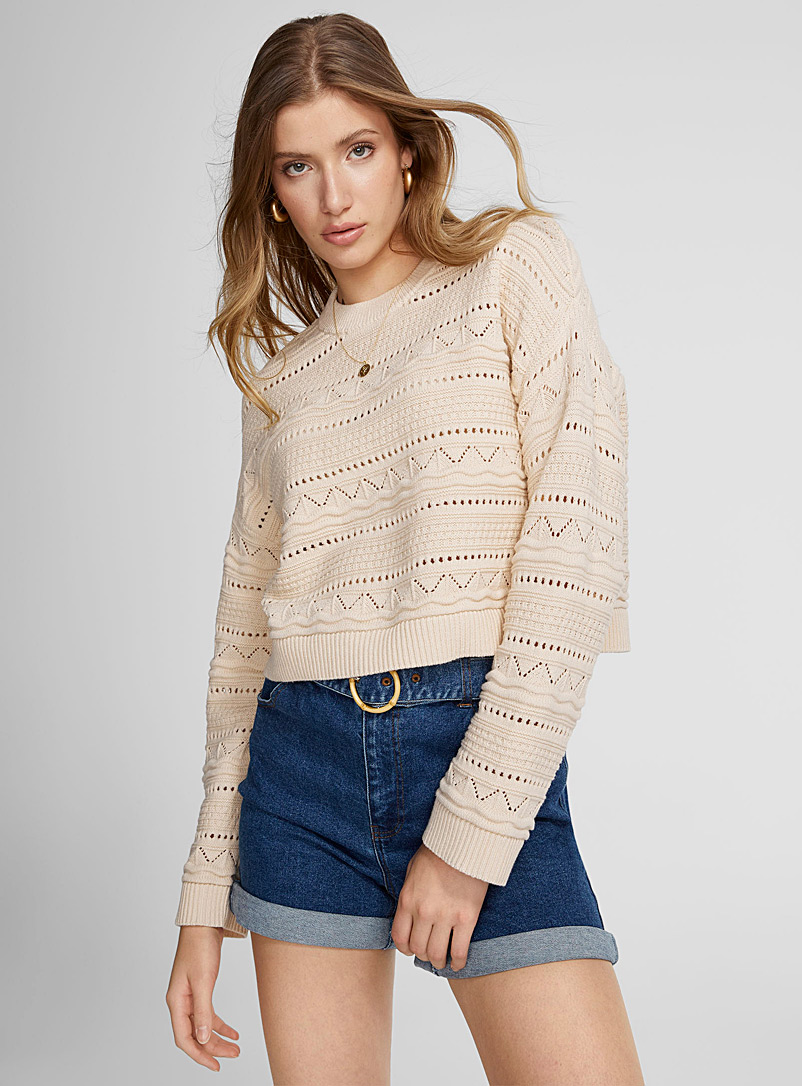 Icône Ivory/Cream Beige Crochet boxy-fit cropped sweater for women