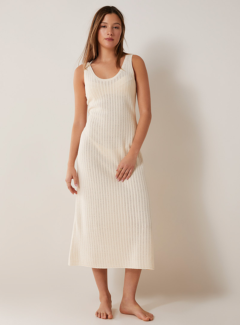 Simons Ivory/Cream Beige Wavelet pointelle knit maxi dress for women
