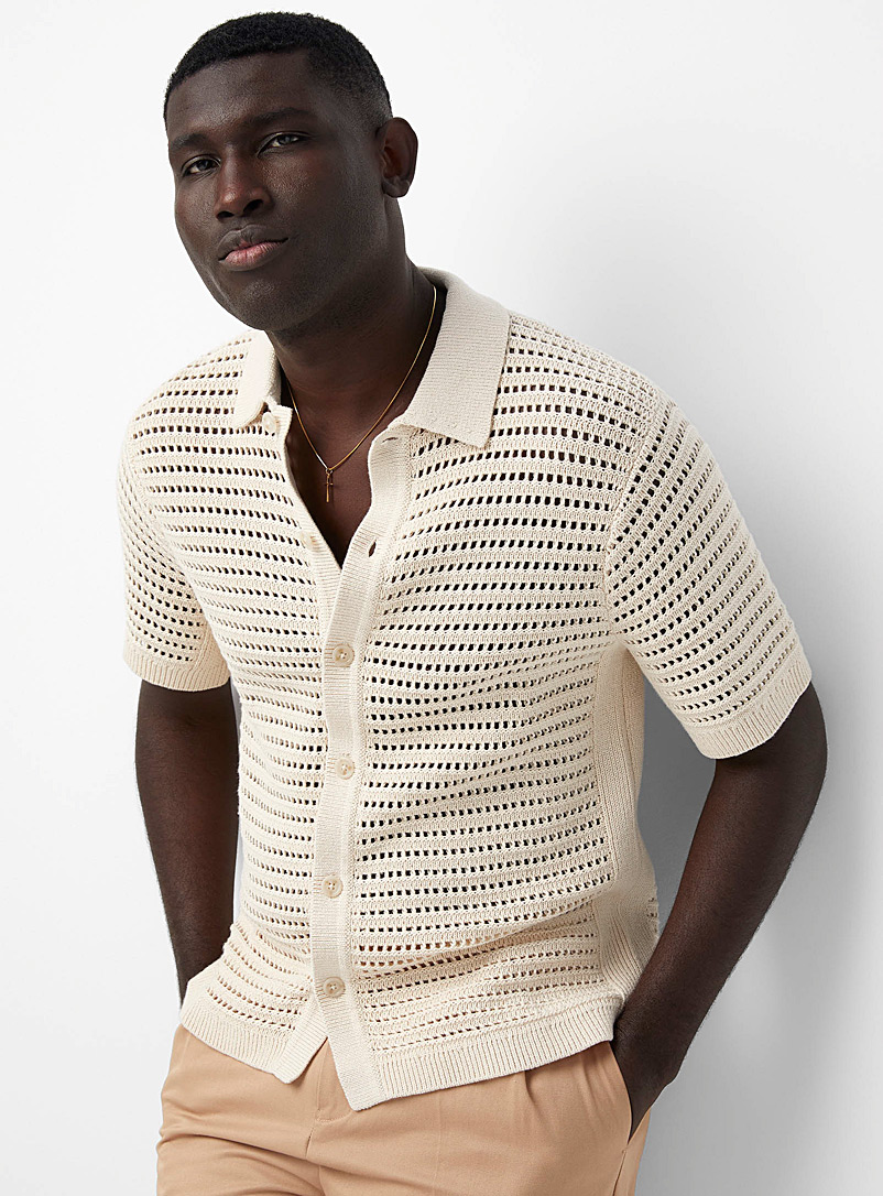 Le 31 Assorted beige  Short-sleeve openwork shirt for men