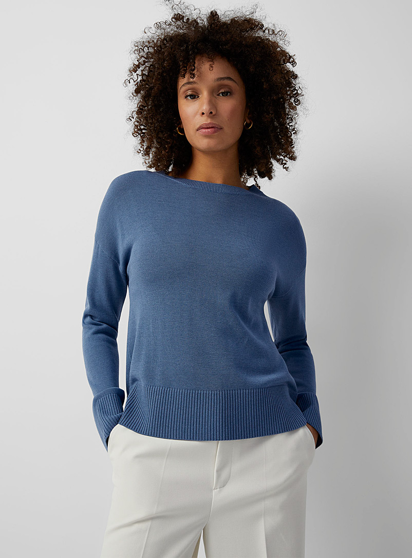 Contemporaine Slate Blue Ribbed edging flowy sweater for women