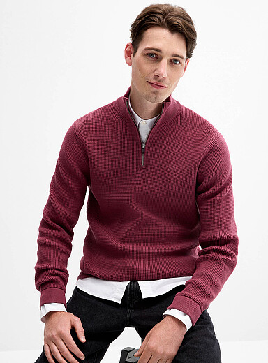 Le 31: Le chandail col zipp&eacute; tricot gaufr&eacute; Cerise pour homme