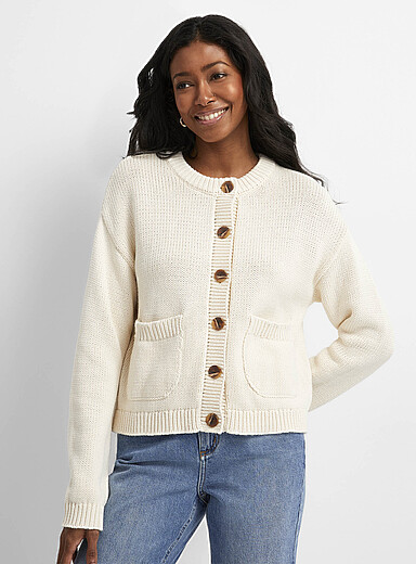 Crème | Cardigan court ouvert - Femme - Coton mélangé | FR Crème | Cardigan court ouvert - Femme - Coton mélangé | FR