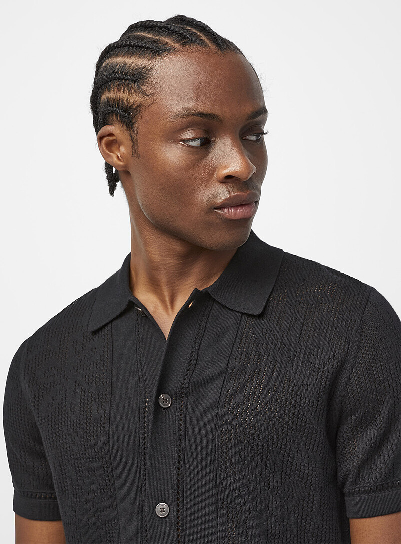 Le 31: Le cardigan col polo tricot ajour&eacute; &agrave; motif Blanc cass&eacute; pour homme