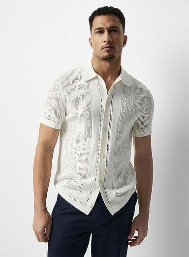 Le cardigan col polo tricot ajour&eacute; &agrave; motif