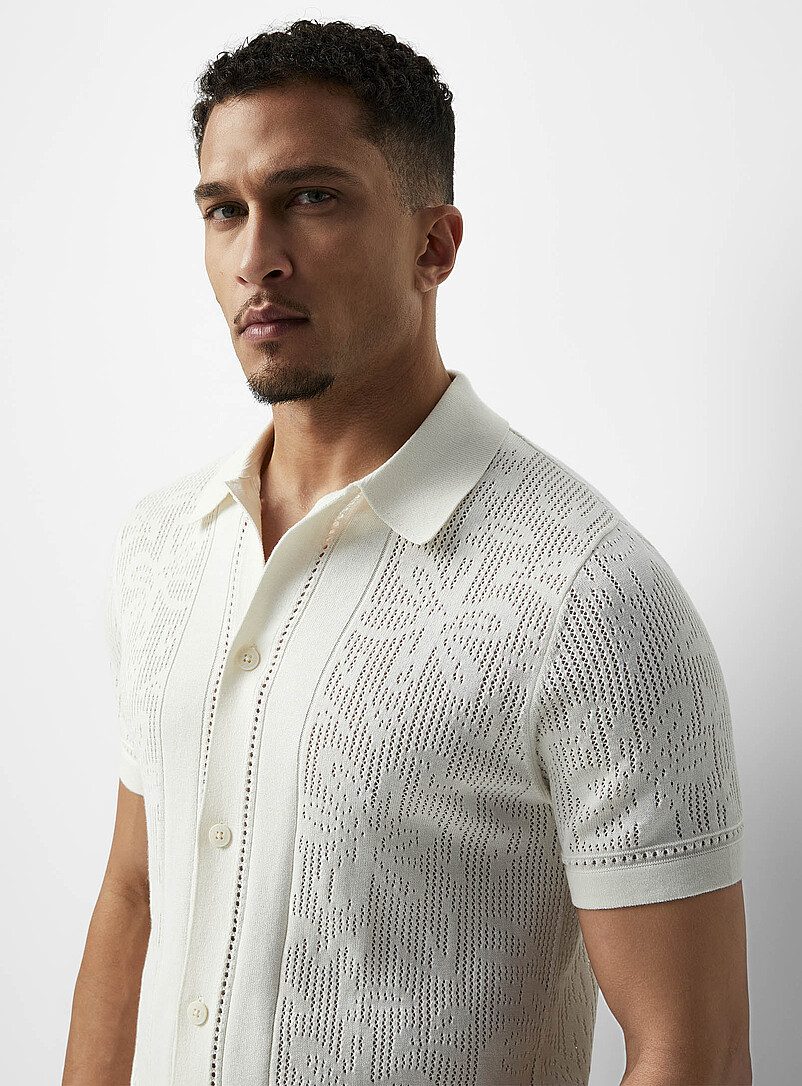 Le 31: Le cardigan col polo tricot ajour&eacute; &agrave; motif Blanc cass&eacute; pour homme
