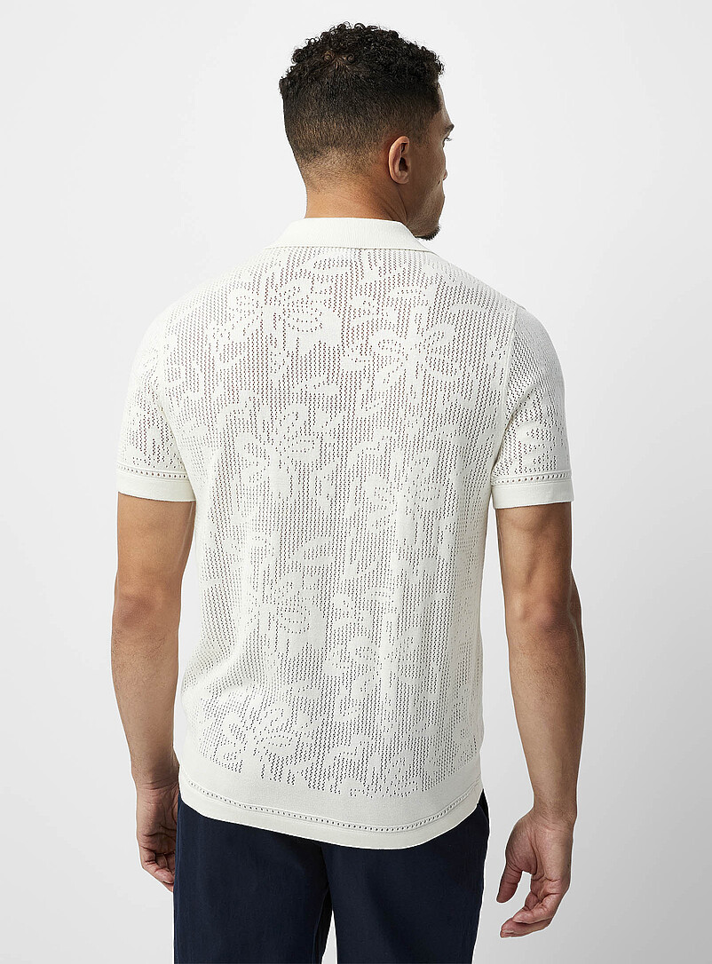 Le 31: Le cardigan col polo tricot ajour&eacute; &agrave; motif Blanc cass&eacute; pour homme