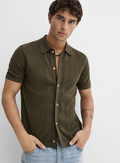 Patterned openwork knit polo-collar cardigan