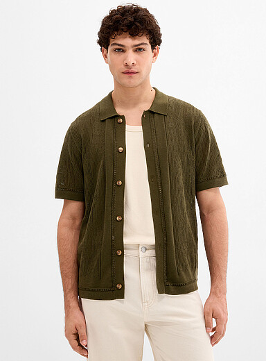 Le 31 Assorted Green Patterned openwork knit polo-collar cardigan for men