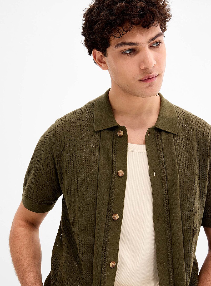 Le 31: Le cardigan col polo tricot ajour&eacute; &agrave; motif Blanc cass&eacute; pour homme