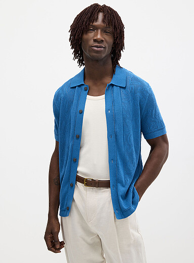 Le cardigan col polo tricot ajour&eacute; &agrave; motif