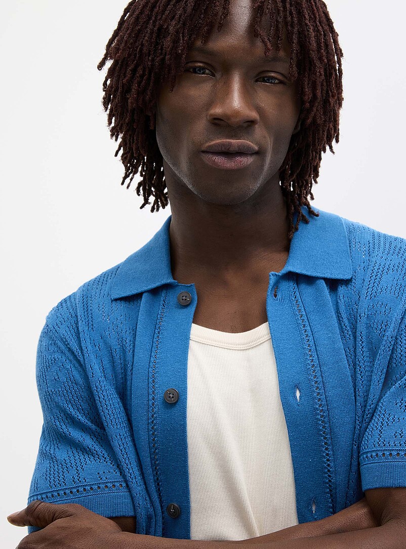 Le 31: Le cardigan col polo tricot ajour&eacute; &agrave; motif Blanc cass&eacute; pour homme