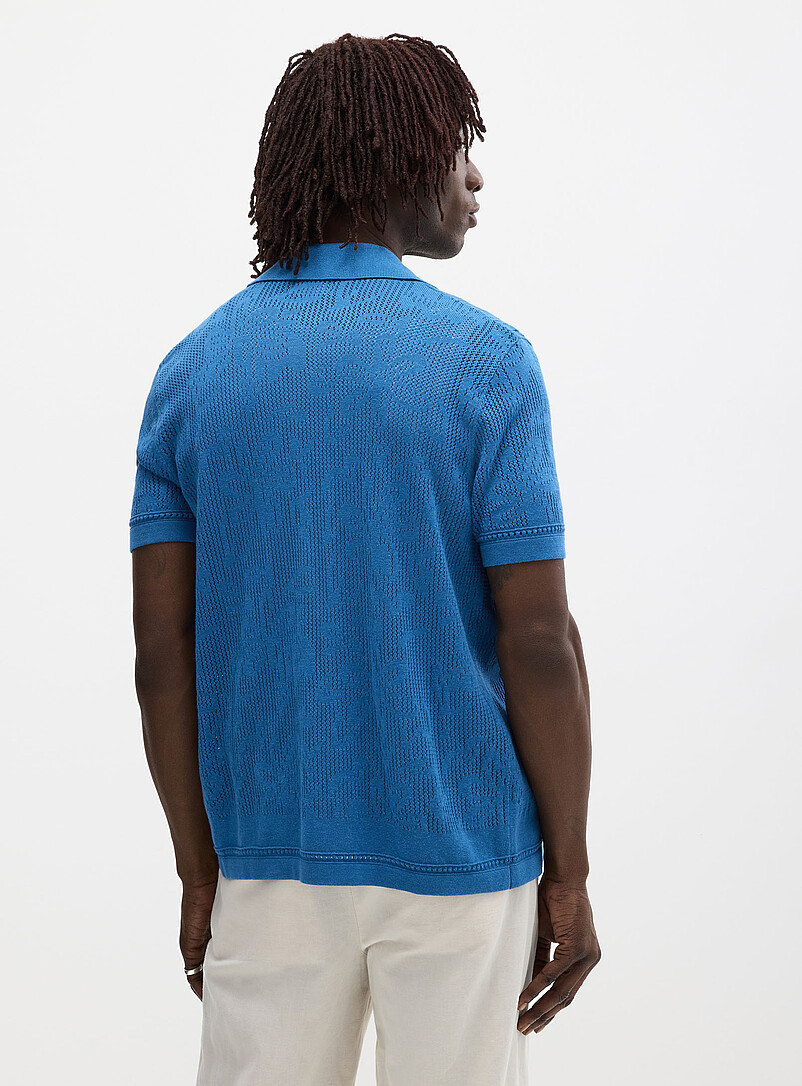 Le 31: Le cardigan col polo tricot ajour&eacute; &agrave; motif Blanc cass&eacute; pour homme