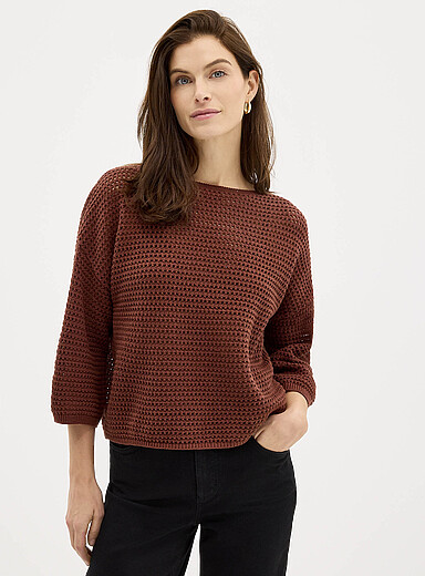 3/4-sleeve openwork crocheted sweater