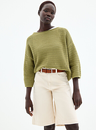 3/4-sleeve openwork crocheted sweater