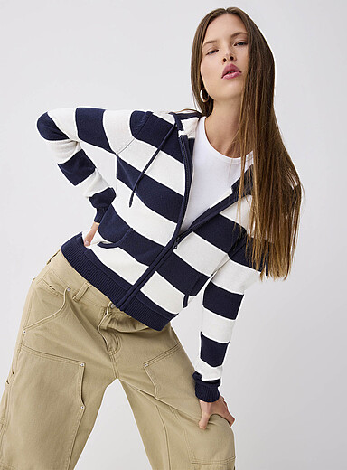 Hooded striped zip-up cardigan