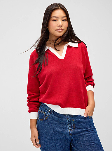 Contrasting-trim Johnny-collar sweater