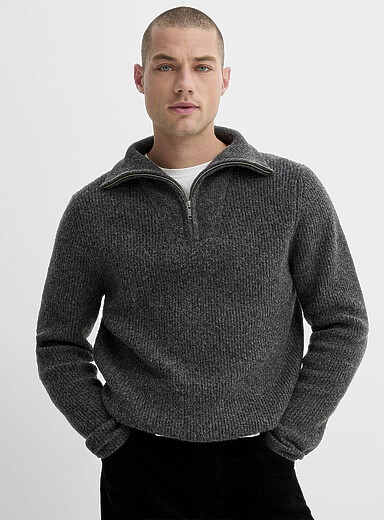Le 31: Le chandail col zipp&eacute; tricot c&ocirc;tel&eacute; Charbon pour homme